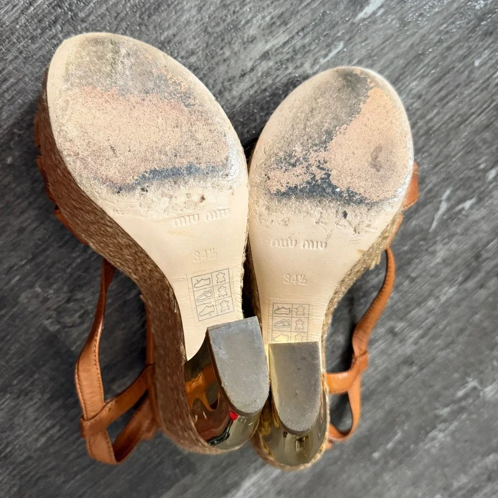 Miu Miu Brown Leather Espadrille Wedge Sandals Gold Accent Heel 34.5 EU / 4.5 US